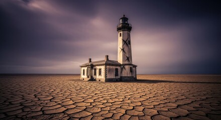 Lighthouse Standing on Cracked Dried Land Under Dramatic Sky