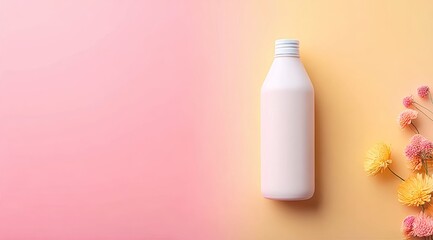 White bottle on a gradient pink and yellow background with small flowers