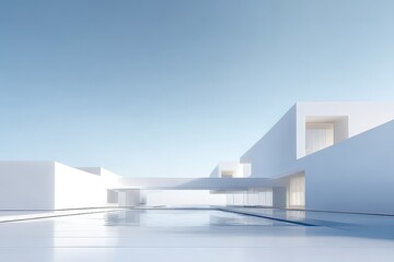 Obraz premium Modern white architectural structure with minimalist design and reflective water surface under clear blue sky
