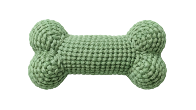Green knitted boneshaped dog toy isolated on the transparent background, durable ecofriendly pet chew toy for dogs and puppies