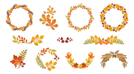 Autumn frames, wreaths of leaves, branches, and berries. Fall floral elements. Vector illustration