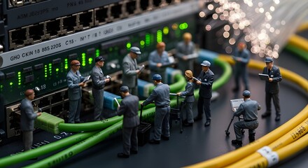 Fototapeta premium Collaborative LEGO building fun with mini workers sharing ideas and bricks.