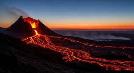 Fototapeta premium Active Erupting Volcano Lava Flow at Sunset with Dark Sky and Smoke