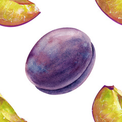 Watercolor seamless pattern with ripe plums on a white background. A botanical fruit illustration for use in cooking or gardening. For textiles or packaging.
