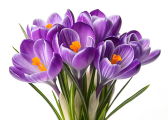 Fototapeta premium A close up of a bouquet of purple crocus flowers with bright orange centers on a white background