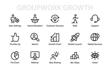 Groupwork Growth creative line icon set. Professional modern vector outline collection showcasing teamwork, unity, and collaboration symbols.