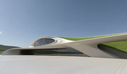 Modern architectural structure with curved white design and green roof under clear blue sky