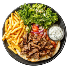 Gyros Plate with French Fries and Salad [Transparent Background PNG].