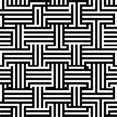 Black and white geometric pattern featuring interwoven horizontal and vertical lines creating an abstract design