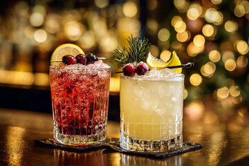 festive cocktails on bar top 