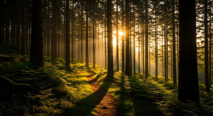 Backlit forest path with dramatic golden light streaming between trunks, warm late-afternoon woodland trail © Chandan