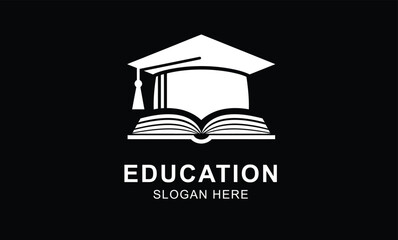 Bold vector logo for education with a white graduation cap and an open book. This minimalist design on a black background is ideal for schools, universities, or learning institutions.