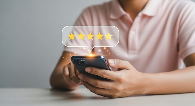 Customer leaving a glowing 5-star review on their smartphone for excellent service and product quality.