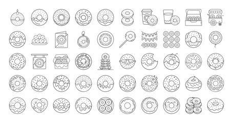Assorted Donut Icons Collection, Black and White Outlines on White Background
