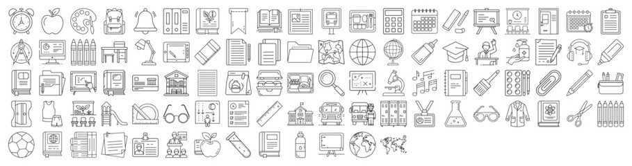 A comprehensive line art collection of school supplies and academic concepts