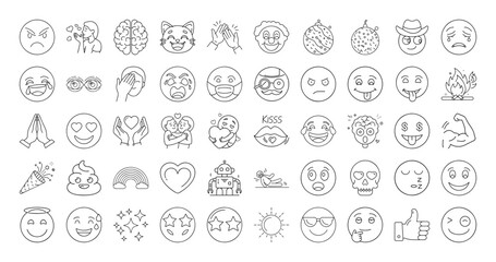 Collection of Line Art Emoticons and Icons Representing Various Emotions and Concepts