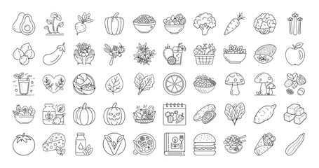 Assorted line art drawings displaying a variety of foods, vegetables and related items