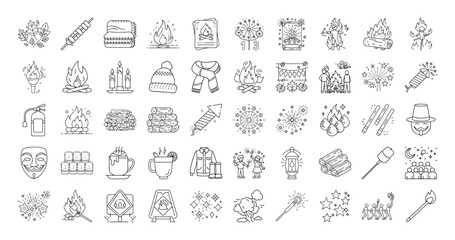 Set of camping, bonfire, pyrotechnics, celebrations, and various autumn elements icons