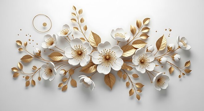 Elegant white and gold floral arrangement with delicate blossoms - Powered by Adobe
