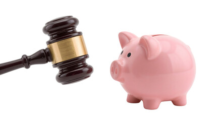 Judge gavel and pink piggy bank facing each other symbolizing legal financial dispute, debt judgment, and banking regulation concepts