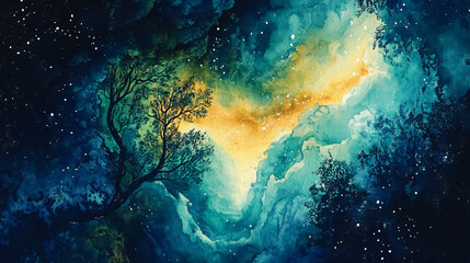 Vibrant Watercolor of a Starry Night Sky with Silhouetted Tree