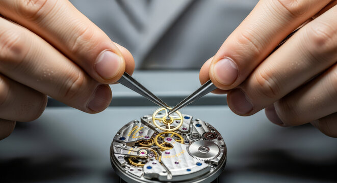 Intricate Watchmaking Precision Close Up of a Watchmaker Assembling a Mechanical Watch Movement with Tweezers Showing the Delicate Gears and Components
