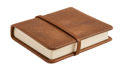 Brown leather journal with strap closure isolated on white  classic notebook for writing, sketching, travel notes, and personal diaries