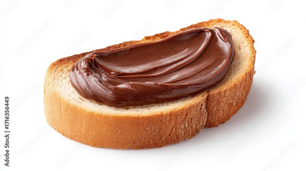 Poster slice of fresh bread with generous layer of smooth chocolate spread for delicious breakfast or snack