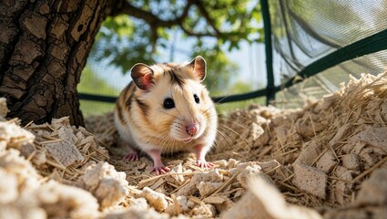 Cream Syrian hamster digging bedding inside outdoor playpen under tree shade