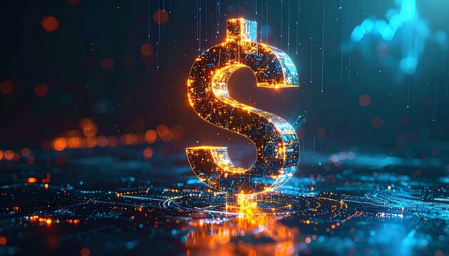 Glowing dollar sign amidst a futuristic digital landscape of circuits and data, vibrant orange and blue hues