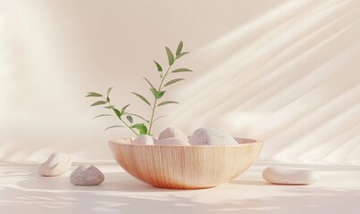 Minimalist composition with wooden bowl, smooth stones, and green plant on light surface