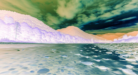 Beautiful golden hour background with river stone and hill 