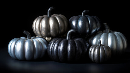 metallic pumpkins in silver, black, and gold, modern halloween decoration for luxury autumn decor and holiday design projects	
