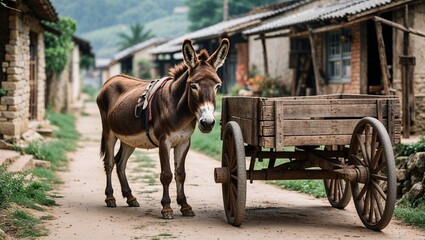 Donkey standing beside old wooden cart in rural village path