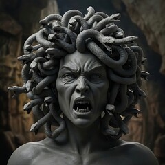 : a black-and-white statue of woman . The carving is detailed, showing her grimacing face and the intricate texture of the snakes in her hair. The lighting creates deep shadows and a powerful, hauntin
