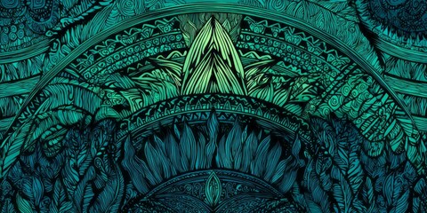 Intricate, vibrant teal and black design pattern features detailed, ornate floral and geometric shapes, creating a captivating and mesmerizing visual effect.