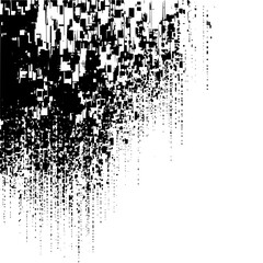 Abstract black and white image featuring a dense cluster of squares gradually dispersing into sparse dots