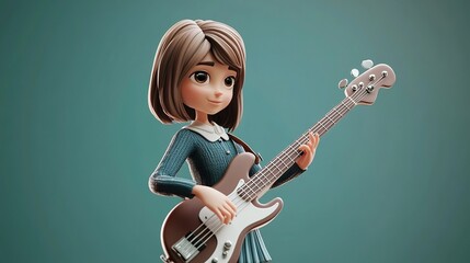 Cartoon girl playing bass guitar
