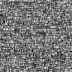 A complex black and white geometric pattern featuring irregular rectangles and square shapes densely packed together