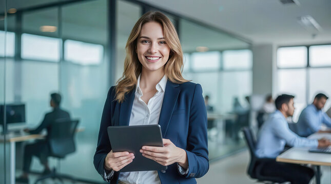 Businesswoman holding and using digital tablet in hand and looking with smile face in professional corporate company leader portrait in modern tech office workplace blur background