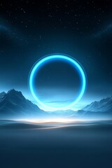 A glowing blue ring hovers above a serene, mountainous landscape under a starry night sky.