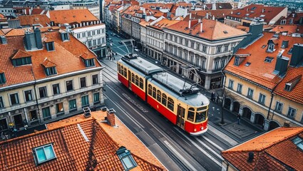 Drone view of tram turning through city square surrounded by tiled rooftops