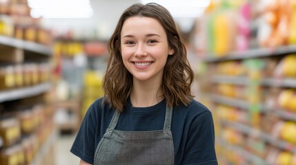 Friendly young female employee smiles in grocery store aisle, showcasing her approachable demeanor and welcoming customer service in retail environment