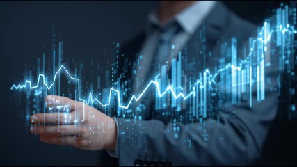 Business Hand Presenting Stock Data: A professional presents data through touch screen technology, with futuristic technology overlay on the digital data trend visualization. - Powered by Adobe