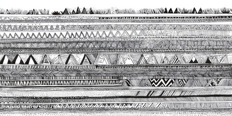 Intricate black and white graphic design featuring repeating tribal patterns and geometric shapes in horizontal bands.