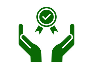 Hands holding a green award medal with a checkmark symbolizing quality and trust in business and service delivery assurance