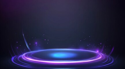 A glowing circular platform with purple and blue neon lights on a dark background, featuring abstract light effects and particles.