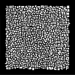 Dense arrangement of white geometric shapes on a black background creating a complex visual texture