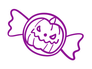 Spooky halloween candy icon with a glowing jack-o'-lantern face for festive decorations and eerie themed designs