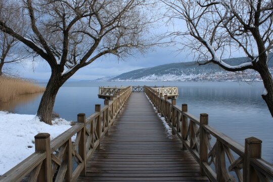 Snowdusted wooden pier extends over calm blue water towards distant snowy mountains under an overcast sky framed by bare trees - Powered by Adobe